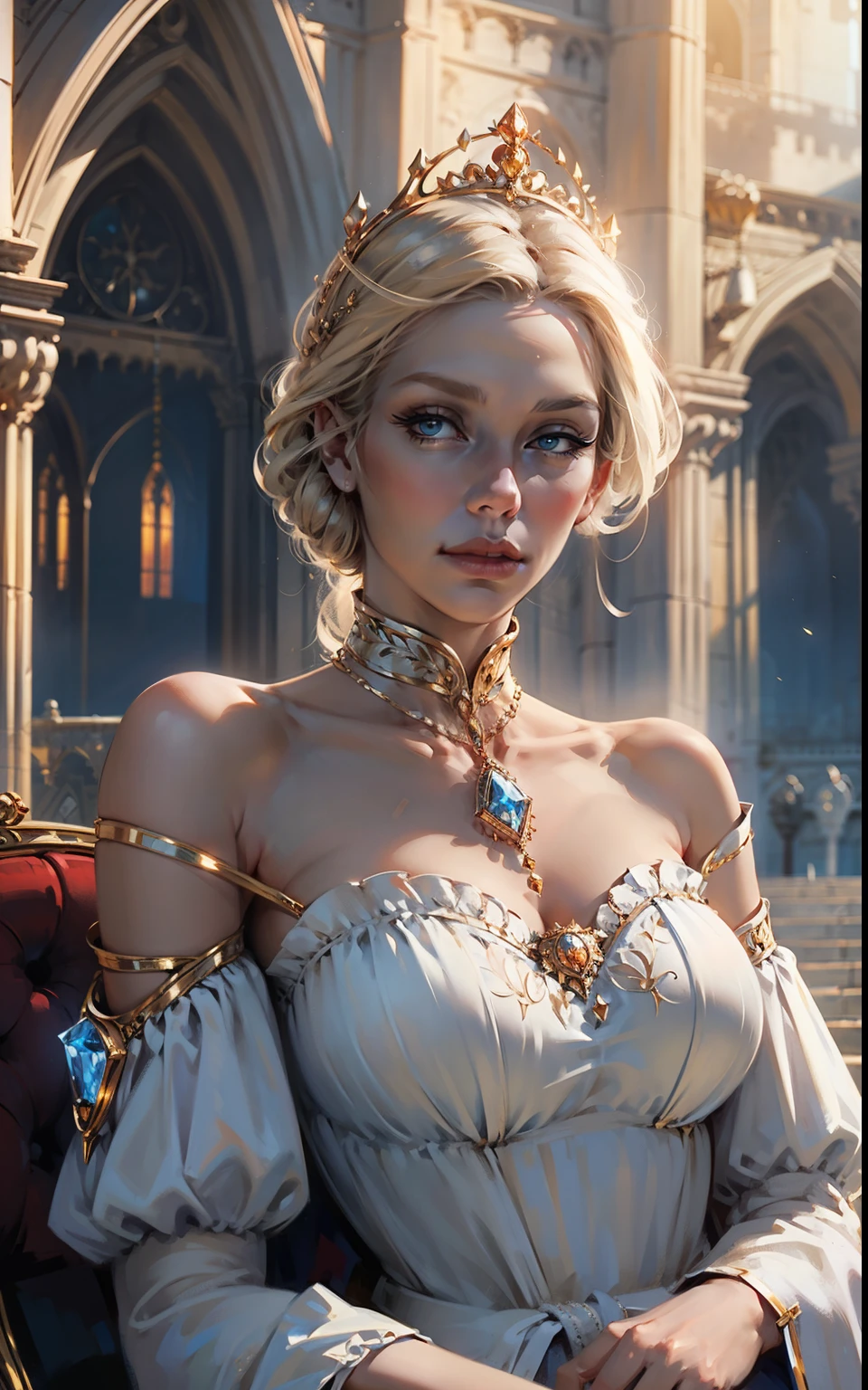 Fantasy, 19th century, empress, woman, delicate face, pale blonde hair, blue eyes, in a white royal dress with open shoulders, gold patterns on fabric, crystal jewelry, with a scarlet ribbon over the shoulder with the regalia of the monarch, Gothic castle made of white stone on the background, light, day, hd