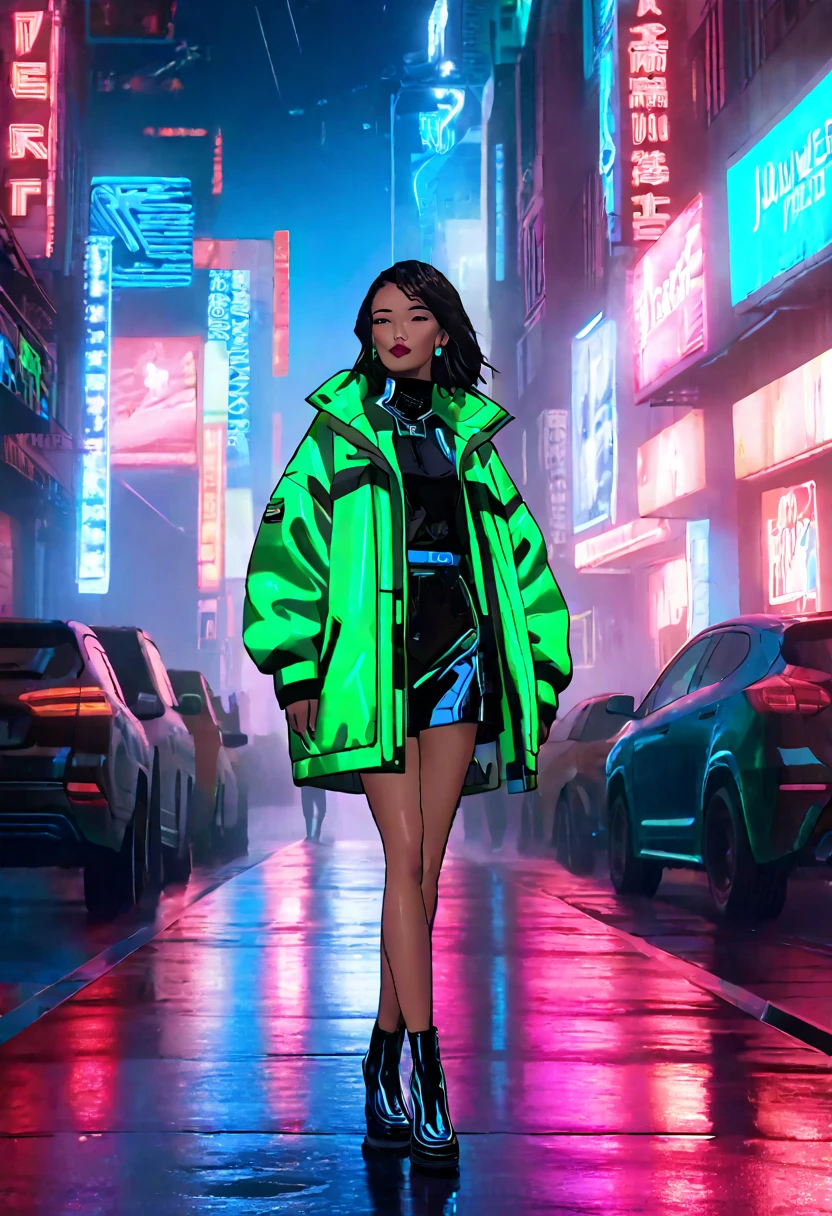 (masterpiece, 8K, UHD, high resolution: 1.4), (character wearing futuristic and technological clothing: 1.3), (cybernetic implants and a stylized look in neon tones: 1.3), (urban street full of neon signs and holograms: 1.3), (pose confident and vigilant: 1.2), (detailed and intricate cybernetic enhancements: 1.2), (background with vibrant and dynamic cityscape: 1.2), (glowing neon accents in blue, pink, and green: 1.2), (atmosphere of high-tech urban life: 1.3), (elements of sci-fi and cyberpunk: 1.2), (dynamic and immersive perspective: 1.3), (reflections of neon lights on wet pavement: 1.2), (detailed and intricate design: 1.3)