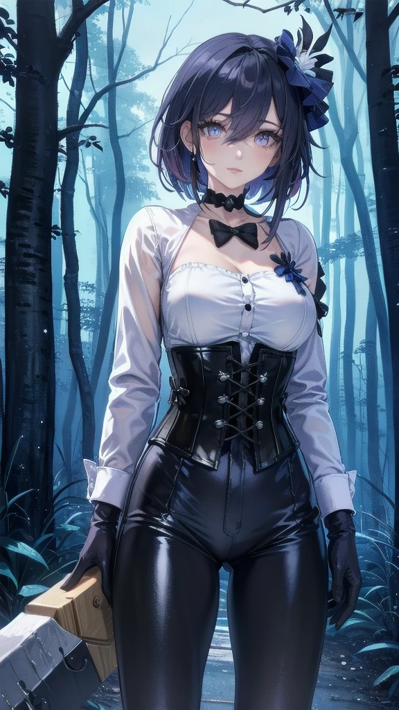 Masterpiece, Beautiful art, professional artist, 8k, Very detailed face, Detailed clothing, detailed fabric, 1 girl, Soul Fullness \(Honkai Impact 3rd\), front view, standing, BIG BREASTS, perfectly drawn body, shy expression, pale skin, beautiful face, short dark blue hair, 4k eyes, very detailed eyes, pink cheeks, choker:1.6, (white long sleeve button down shirt with white collar), black gloves, gloves that cover hands, (holds an ax with his right hand), (black leather corset), (shiny black leggings), Sensual Lips , winter night, show details in the eyes, looking at the viewer, dark forest, Atmosphere, fog, At night