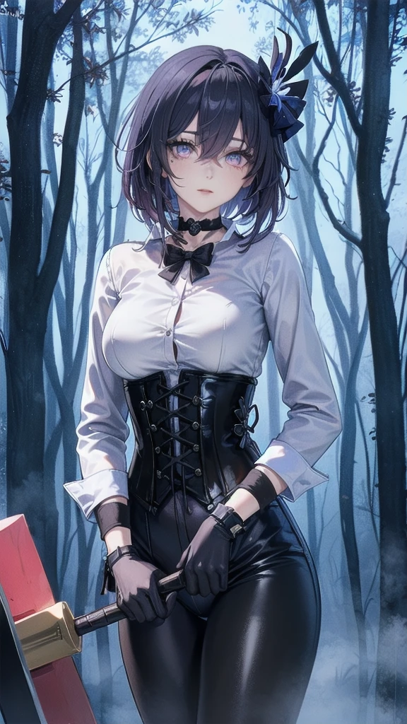 Masterpiece, Beautiful art, professional artist, 8k, Very detailed face, Detailed clothing, detailed fabric, 1 girl, Soul Fullness \(Honkai Impact 3rd\), front view, standing, BIG BREASTS, perfectly drawn body, shy expression, pale skin, beautiful face, short dark blue hair, 4k eyes, very detailed eyes, pink cheeks, choker:1.6, (white long sleeve button down shirt with white collar), black gloves, gloves that cover hands, (holds an ax with his right hand), (black leather corset), (shiny black leggings), Sensual Lips , winter night, show details in the eyes, looking at the viewer, dark forest, Atmosphere, fog, At night