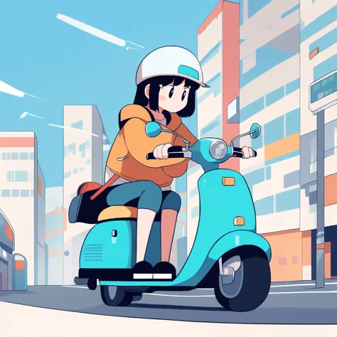 girl riding a scooter, lo-fi art style, city