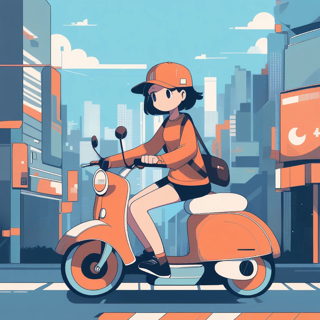 girl riding a scooter, Lo-fi art style, city