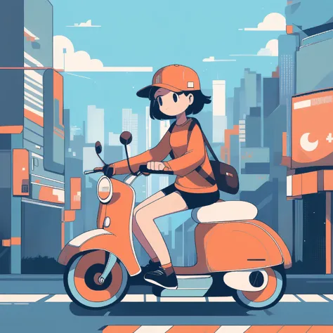 girl riding a scooter, lo-fi art style, city