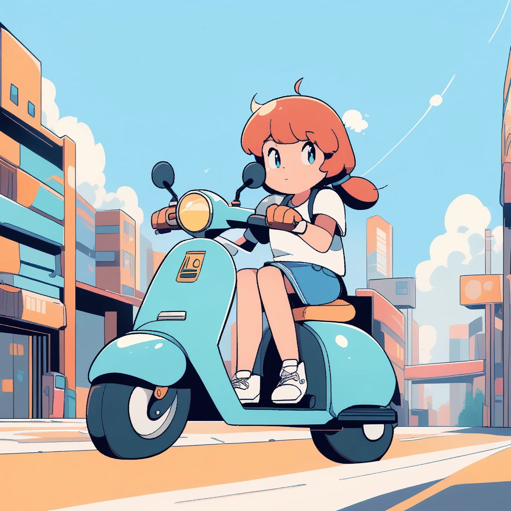 girl riding a scooter, Lo-fi art style, city