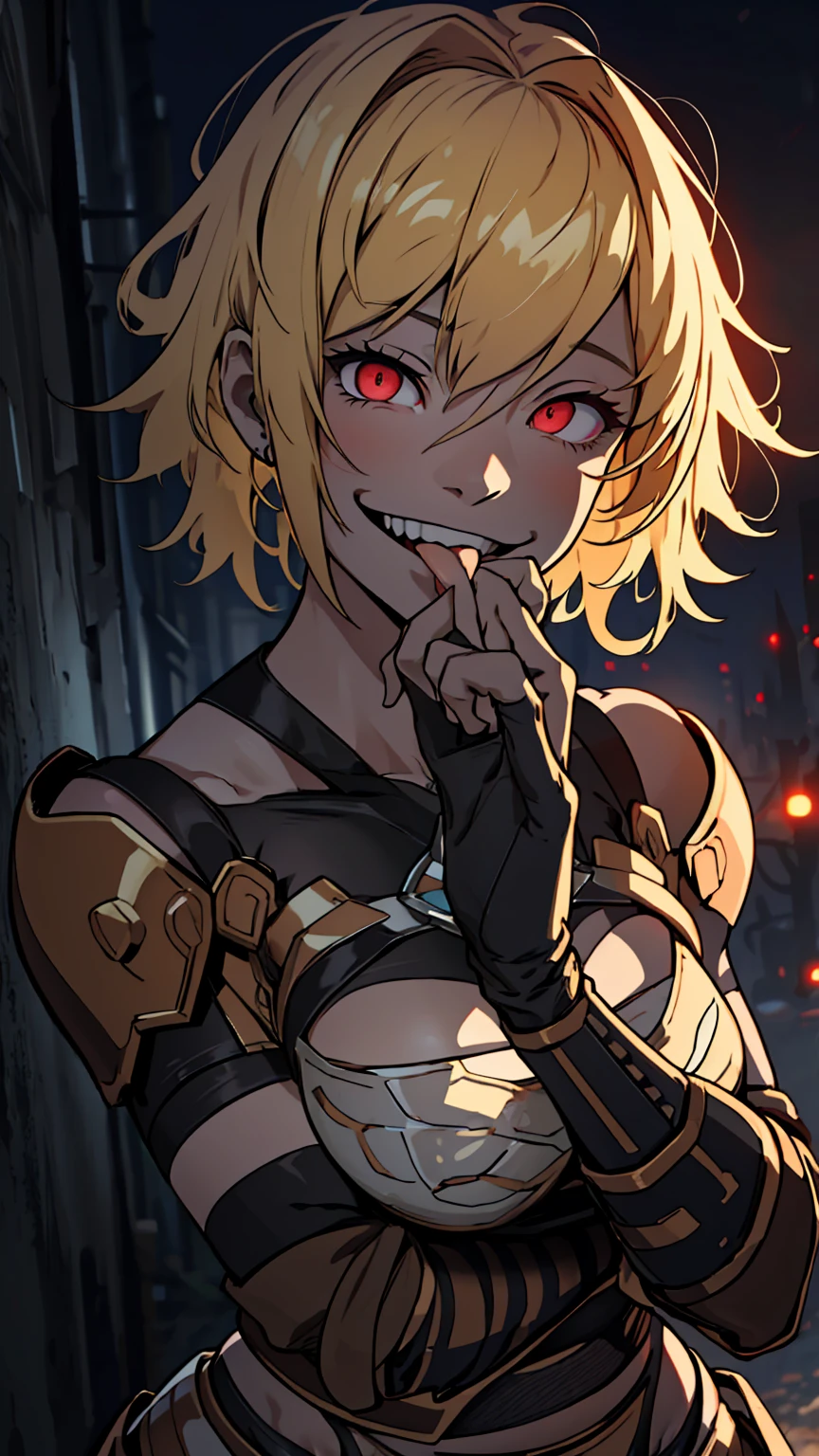 One girl, clementine \(monarch\) ,armor, garter belt, Gauntlet, Blonde, short hair, Red eyes, Glowing Eyes, smile, psycho smile, Open your mouth, Lick the tips of your fingers with your tongue, Psychoface, Hollow Eyes, Crazy Eyes, crazy smile, Yandere, Upper Body, close, (nighttime, night, Dim lighting, Dark atmosphere), Detailed instructions, Detailed Finger, Highly Detailed CG Unity 8K Wallpaper, Huge file sizes, Super detailed, High resolution, absurdes, Beautiful Eyes, Beautiful skin, Beautiful hair, 32k, focus on, Ray Tracing, Dramatic Shadows, Finely delineated, Dramatic angle, Hyper Detail, Anime style, 