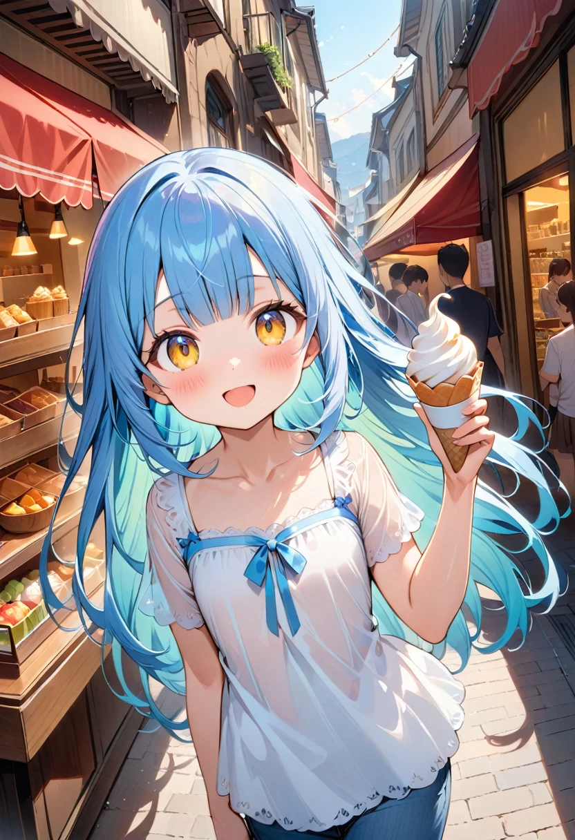 masterpiece, best quality, extremely detailed, (illustration, official art:1.1),adorable face、 1 girl ,(((( light blue long hair)))),pale blue hair,, long hair ((blush)) , cute face, big eyes, masterpiece, best quality,(((((a very delicate and beautiful girl))))),Amazing,beautiful detailed eyes,blunt bangs((((little delicate girl)))),tareme(true beautiful:1.2), sense of depth,dynamic angle,,,, affectionate smile, (true beautiful:1.2),,(tiny 1girl model:1.2),)(flat chest)、masterpiece,beautiful eyes,textile shading, custics,extremely detailed CG, shiny skin,photography,RAW photo,
,,twinbraid,yellow eyes, ,solo
, short sleeves, 2 soft serve,open mouth, smile,shopping street,white colored shirt,yellow ribbon,