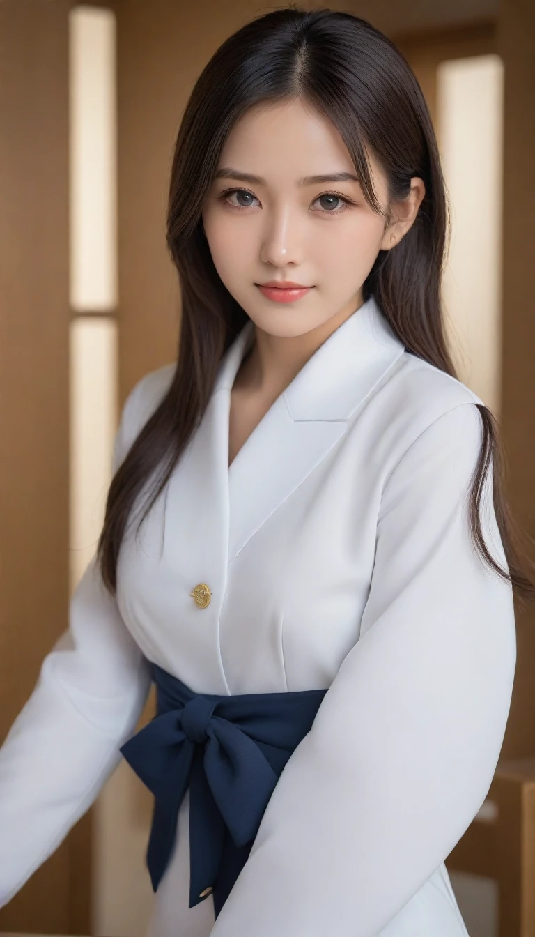 8k, Ultra-high resolution, Highest quality, masterpiece, Rule of thirds photograph,surreal, photograph, 1 Girl,ld:1.3), pretty girl, Cute face, Beautiful eyes in every detail, Detailed,masterpiece,One Girl:1.2, Japan Female Announcer,Tabletop,glaring,Black Hair,Slicked back hair,Blazer Uniform,White collared blouse,The buttons on the chest are open,Sharp focus、Perfect dynamic composition、Beautiful and detailed、Thin Hair、Detailed real skin texture、smile、Close-up portrait、Model Body Type,Looking at the audience、beauty,Long neck、(((Ideal body type))),A cup small breasts :2,、Portraiture:2、Perfect Anatomy、detailed、detailed、surreal、Light and shadow,Strong light