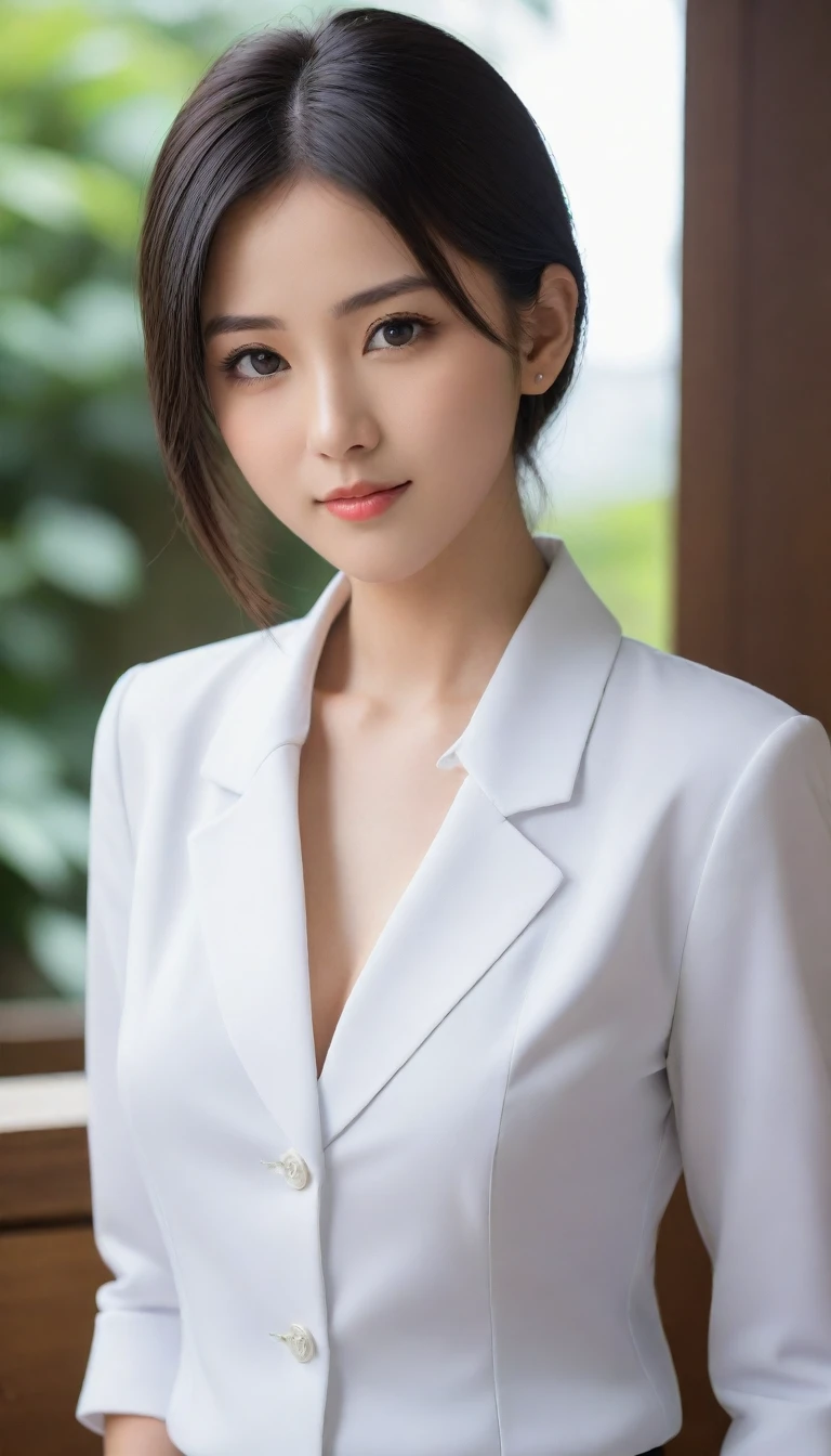 8k, Ultra-high resolution, Highest quality, masterpiece, Rule of thirds photograph,surreal, photograph, 1 Girl,ld:1.3), pretty girl, Cute face, Beautiful eyes in every detail, Detailed,masterpiece,One Girl:1.2, Japan Female Announcer,Tabletop,glaring,Black Hair,Slicked back hair,Blazer Uniform,White collared blouse,The buttons on the chest are open,Sharp focus、Perfect dynamic composition、Beautiful and detailed、Thin Hair、Detailed real skin texture、smile、Close-up portrait、Model Body Type,Looking at the audience、beauty,Long neck、(((Ideal body type))),A cup small breasts :2,、Portraiture:2、Perfect Anatomy、detailed、detailed、surreal、Light and shadow,Strong light