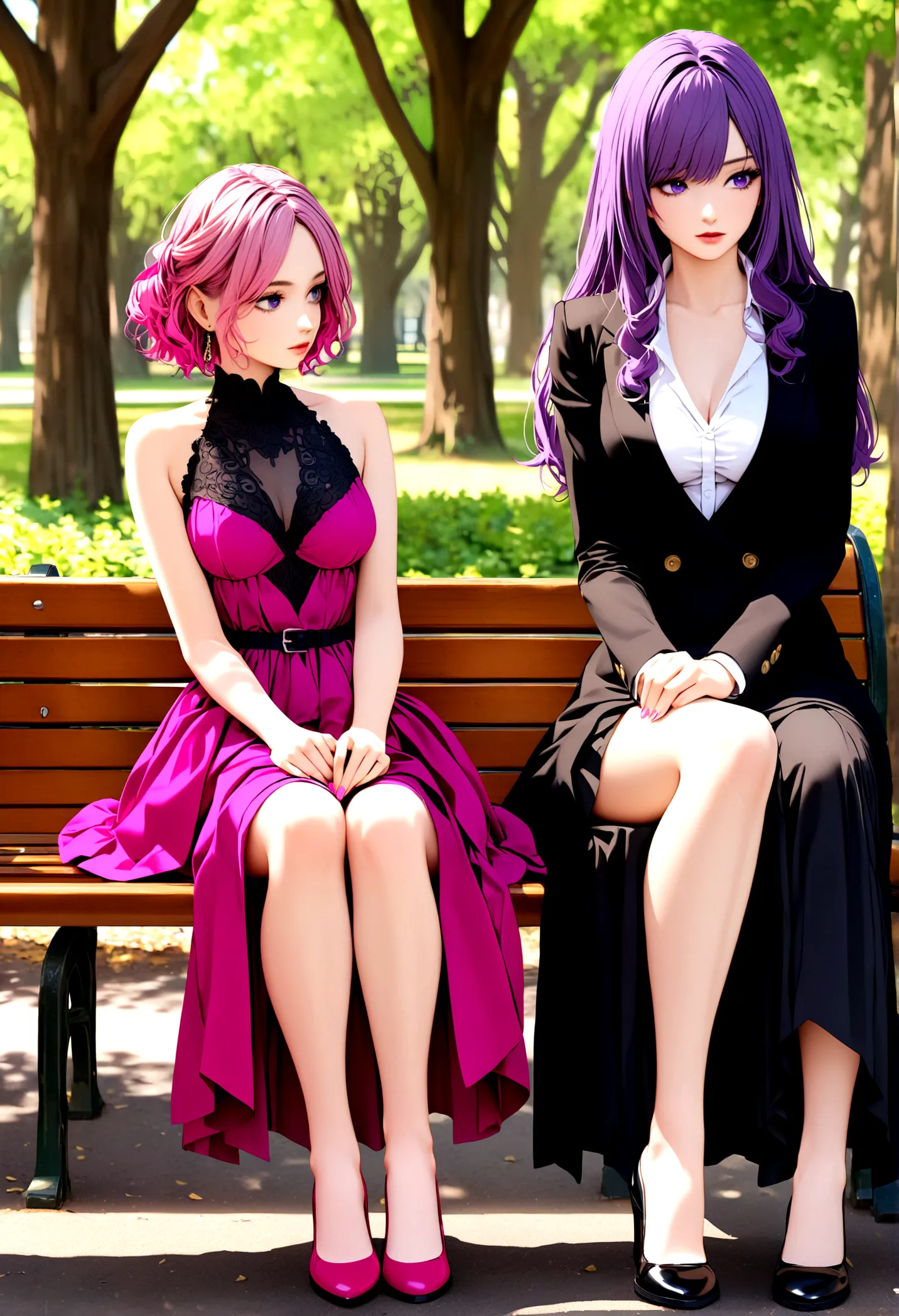 there are two women, each one wears different and opposite dresses, both sitting on a park bench,one of them has long magenta pi...