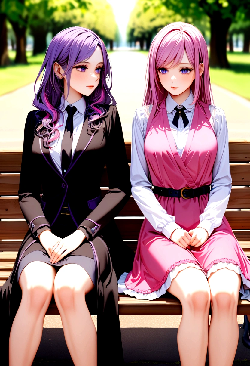 there are two women, each one wears different and opposite dresses, both sitting on a park bench,one of them has long magenta pink hair, and the other girl has short purple hair 