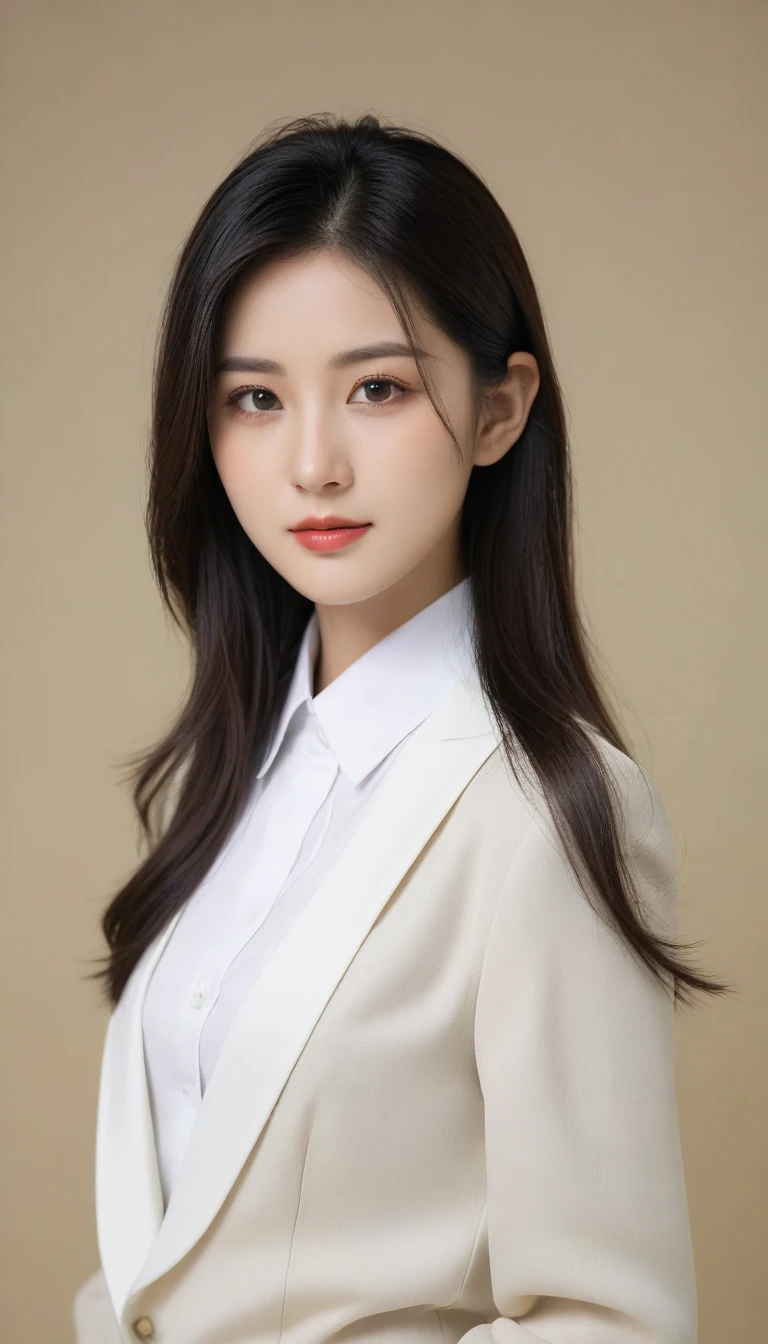 8k, Ultra-high resolution, Highest quality, masterpiece, Rule of thirds photograph,surreal, photograph, 1 Girl,ld:1.3), pretty girl, Cute face, Beautiful eyes in every detail, Detailed,masterpiece,One Girl:1.2, Japan Female Announcer,Tabletop,glaring,Black Hair,Slicked back hair,Blazer Uniform,White collared blouse,The buttons on the chest are open,Sharp focus、Perfect dynamic composition、Beautiful and detailed、Thin Hair、Detailed real skin texture、smile、Close-up portrait、Model Body Type,Looking at the audience、beauty,Long neck、(((Ideal body type))),A cup small breasts :2,、Portraiture:2、Perfect Anatomy、detailed、detailed、surreal、Light and shadow,Strong light