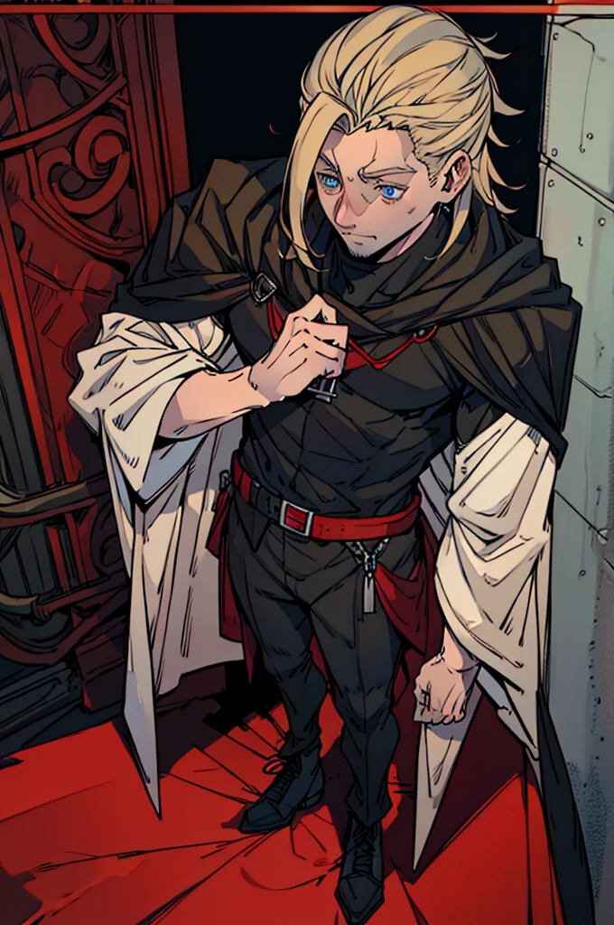 A tall man, defined body, medium blond hair combed back, blue eyes, wearing an all-black outfit, except for some red outlines and details, with a cape on the back, with the inside being red and the outside being black, homelander, homelander's clothes, full body shot, whole body, detail in background