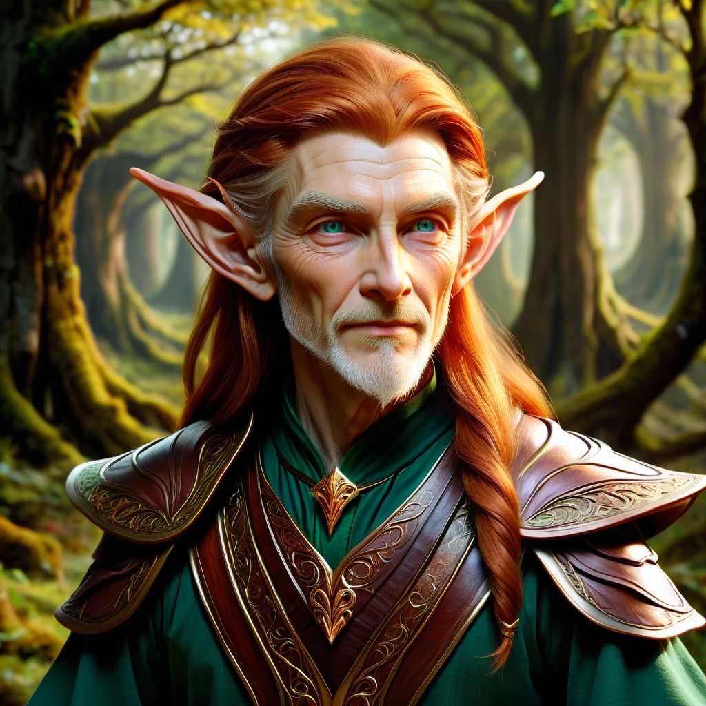 half elf: Physical Appearance:
•	Age: 70 (appears to be in his late 20s due to elven heritage)
•	Height: 5'9" (175 cm)
•	Build: Lean and graceful with subtle muscular definition
•	Hair: Wavy auburn hair reaching his shoulders
•	Eyes: Amber eyes with a mischievous glint
•	Distinguishing features: Slightly pointed ears, less pronounced than full elves
•	Attire: Stylish, practical clothing suitable for both negotiation and travel
