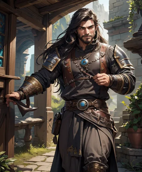 (((Single character image.))) (((1boy)))  (((Dressed in medieval fantasy attire.))) (((Design a handsome male adventurer for D&D...