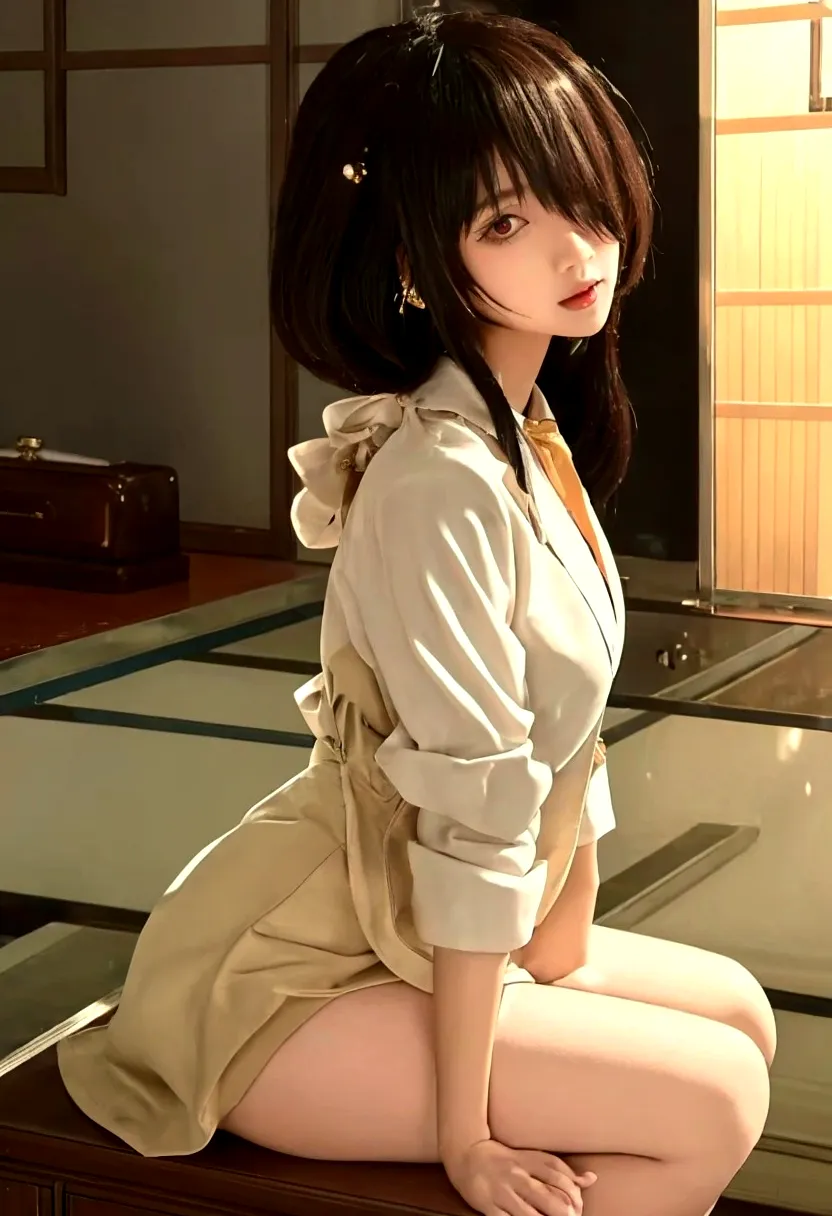 a woman is depicted in the image wearing a short skirt and a white shirt. she has long hair and is accessorized with a black tie...