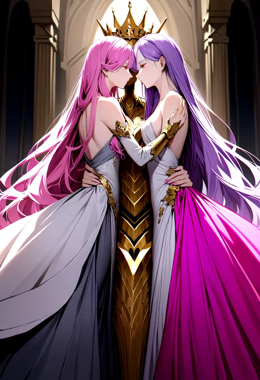 There are two women standing in front of each other, one of them is a queen, He has short, purple hair., her dress is close to t...