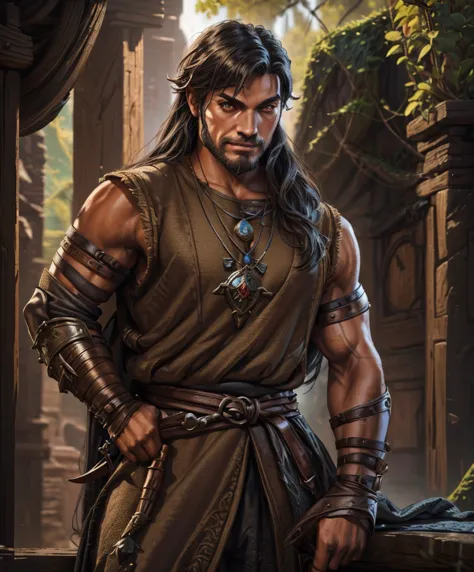 (((Single character image.))) (((1boy)))  (((Dressed in medieval fantasy attire.))) (((Design a handsome male adventurer for D&D...