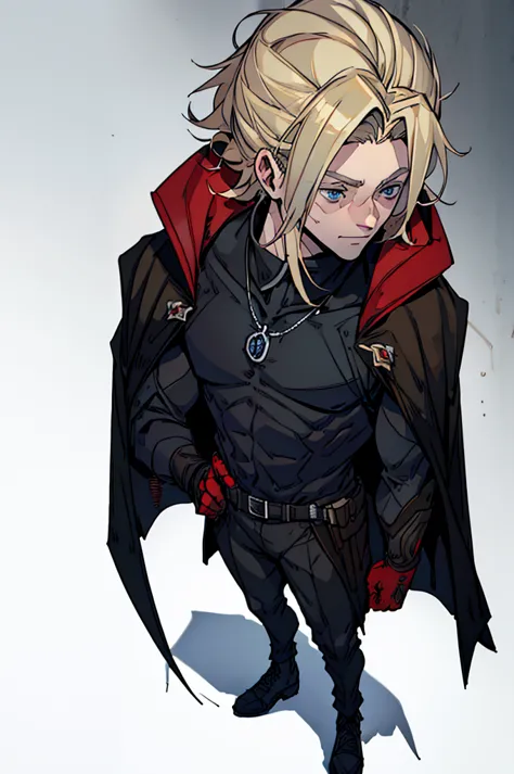 A tall man, defined body, medium blond hair combed back, blue eyes, wearing an all-black outfit, except for some red outlines an...