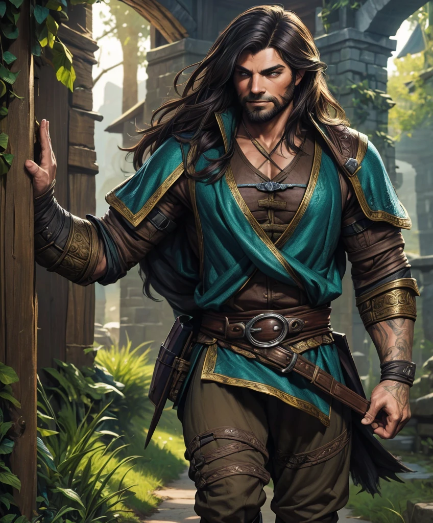 (((Single character image.))) (((1boy)))  (((Dressed in medieval fantasy attire.))) (((Design a handsome male adventurer for D&D))) (((Dressed in medieval fantasy attire.))) (((Intense, sexy stare.))) (((Beautiful long sexy hair.)))  Looks like a dashing and heroic male adventurer for Dungeons & Dragons. Looks like a very attractive male adventurer for a high fantasy setting. Looks handsome, sexy and appealing. Looks like a handsome and rugged male adventurer for Dungeons & Dragons. best quality:1.0,hyperealistic:1.0,photorealistic:1.0,madly detailed CG unity 8k wallpaper:1.0,masterpiece:1.3,madly detailed photo:1.2, hyper-realistic lifelike texture:1.4, picture-perfect:1.0,8k, HQ,best quality:1.0,