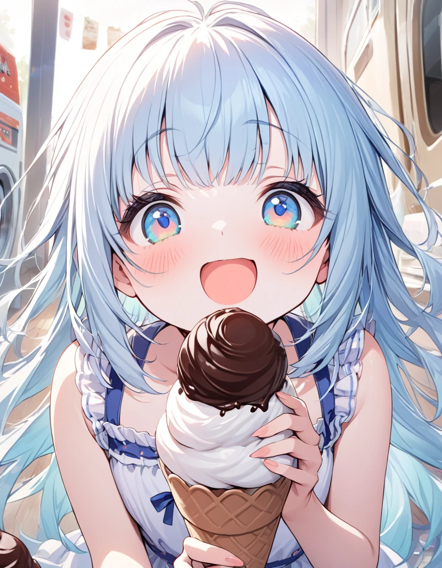 masterpiece, best quality, extremely detailed, (illustration, official art:1.1), 1 girl ,(((( light blue long hair)))), ,(((( light blue long hair)))),light blue hair, , long hair ((blush)) , cute face, big eyes, masterpiece, best quality,(((((a very delicate and beautiful girl))))),Amazing,beautiful detailed eyes,blunt bangs((((little delicate girl)))),tareme(true beautiful:1.2), sense of depth,dynamic angle,,,, affectionate smile, (true beautiful:1.2),,(tiny 1girl model:1.2),)(flat chest),A very beautiful  light blue long hair girl is eating a giant ice cream in front cafe.
1girl, solo, (white tube-top), off shoulders, portrait, looking at ice cream cone, ((giant mint soft cream, and chocolate soft cream mixed)), food, open mouth, (holding ice cream cone), brown cone, long hair, swaying bangs, mint eyes, beautiful round eyes, long eyelashes, perfect her fingers, pale skin, many laundry machines. indoor, 