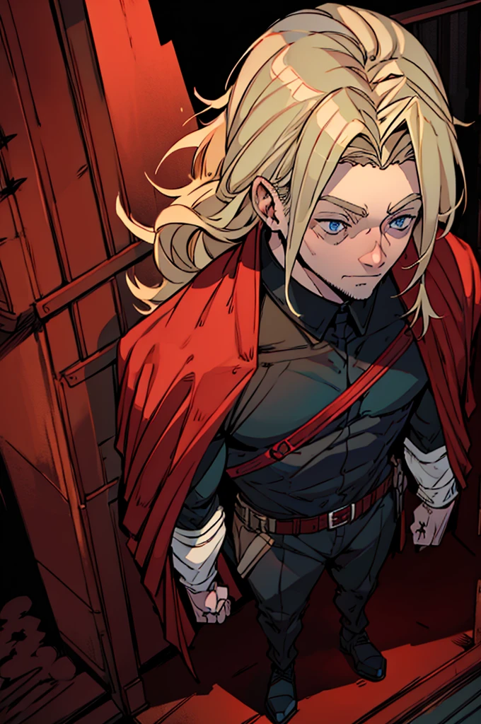 A tall man, defined body, medium blond hair combed back, blue eyes, wearing an all-black outfit, except for some red outlines and details, with a cape on the back, with the inside being red and the outside being black, homelander, homelander's clothes, full body shot, whole body, detail in background