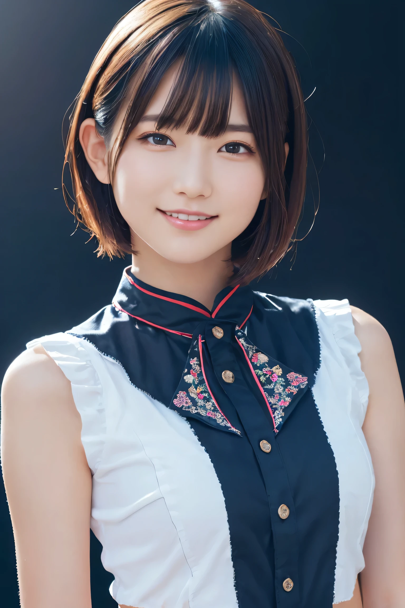 1 Girl, (Wearing colorful stage costumes:1.2), Very beautiful Japanese idol portraits, Face close-up, (RAW Photos, Highest quality), (Realistic, Realistic:1.4), (masterpiece), Very delicate and beautiful, Very detailed, 2k wallpaper, wonderful, finely, Very detailed CG Unity 8K wallpaper, Very detailed, High resolution, Soft Light, Beautiful detailed girl, Very detailed目と顔, Beautiful and sophisticated nose, Beautiful and beautiful eyes, Cinema Lighting, (Simple light color background:1.3), (short hair), (Bob), Complete Anatomy, Slender body, Small breasts, smile、In town