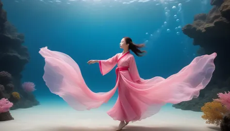 1. little girl, solitary, under the deep sea，walking underwater, beautiful inner glow；wearing pink chinese clothing，fairy the sa...