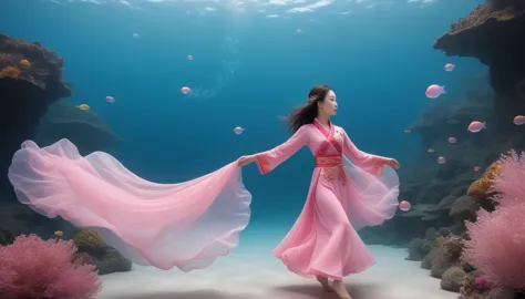 1. little girl, solitary, under the deep sea，walking underwater, beautiful inner glow；wearing pink chinese clothing，fairy the sa...