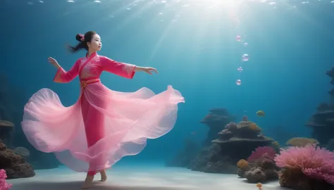 1. little girl, solitary, under the deep sea，walking underwater, beautiful inner glow；wearing pink chinese clothing，fairy the sa...