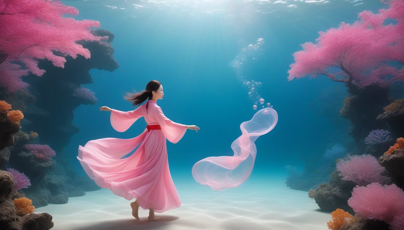 1. Little Girl, Solitary, Under the Deep Sea，walking underwater, Beautiful Inner Glow；Wearing pink Chinese clothing，Fairy the same，underwater dance；dancer；pink water，Bright underwater world，金色的bubble； Deep Shadows, Extraordinary details, bubble, spark, Sun streaks, seabed, dark, whole body, swirl, Blu-ray, Embed:Average runoff, masterpiece, high quality, 4K