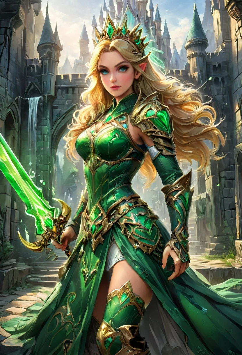 a  graffiti painting art on the wall of the castle of Princess Zelda on the wall of a castle, ,Princess Zelda (intense details, Masterpiece, best quality: 1.5), wearing intricate green dress, delicate diamond crow, ultra detailed face, ultra feminine, fair skin, exquisite beauty, gold hair, long hair, wavy hair, small pointed ears, dynamic eyes color, wearing heavy green and white armor, shinning metal, armed with elven sword, ais-graffiti, chumbasket art style, graffiti art, Wielding sword