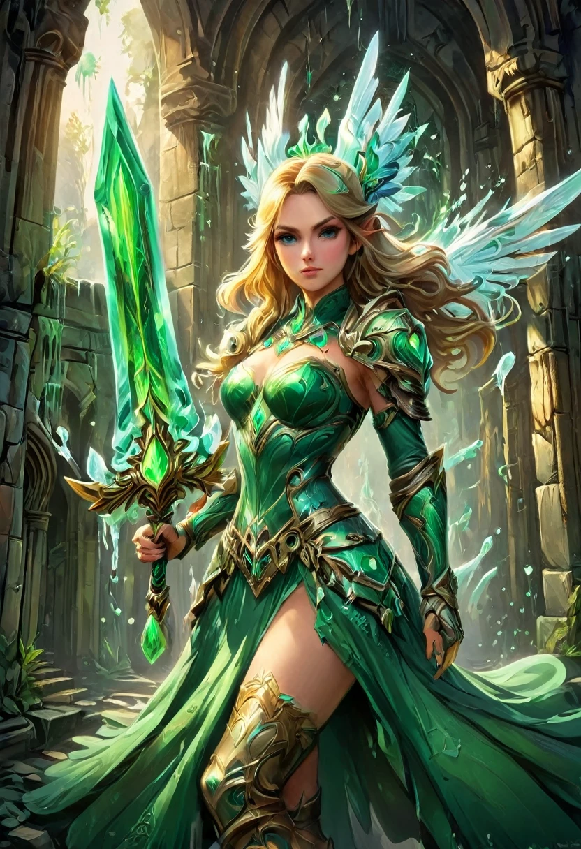 a  graffiti painting art on the wall of the castle of Princess Zelda on the wall of a castle, ,Princess Zelda (intense details, Masterpiece, best quality: 1.5), wearing intricate green dress, delicate diamond crow, ultra detailed face, ultra feminine, fair skin, exquisite beauty, gold hair, long hair, wavy hair, small pointed ears, dynamic eyes color, wearing heavy green and white armor, shinning metal, armed with elven sword, ais-graffiti, chumbasket art style, graffiti art, Wielding sword