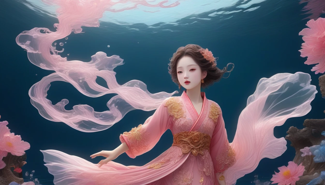 1. Little Girl, Solitary, Under the Deep Sea，walking underwater, Beautiful Inner Glow；Wearing pink Chinese clothing，Fairy the same，underwater dance；dancer；Golden water，Bright shining underwater，金色的bubble； Deep Shadows, Extraordinary details, bubble, spark, Sun streaks, seabed, dark, whole body, swirl, Blu-ray, Embed:Average runoff, masterpiece, high quality, 4K