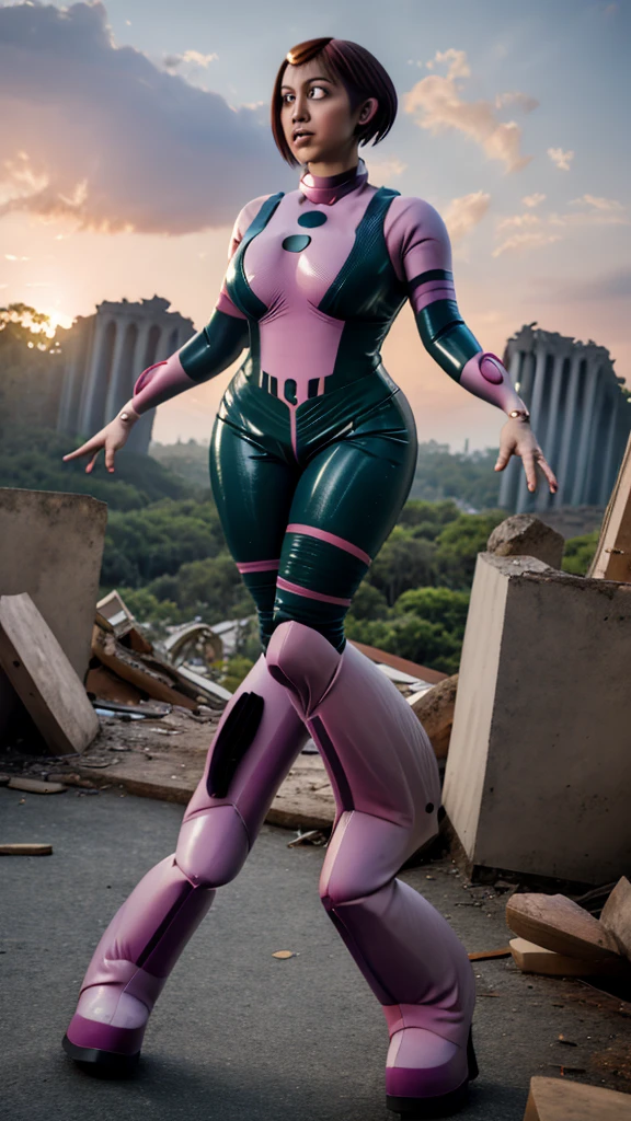 masterpiece, best quality, highres, hmochako, blush stickers, short hair, huge breasts, superhero, bodysuit, boots, ruins, building, fighting stance, clenched hands, wide hips, thick thighs ((curvy)), latex suit