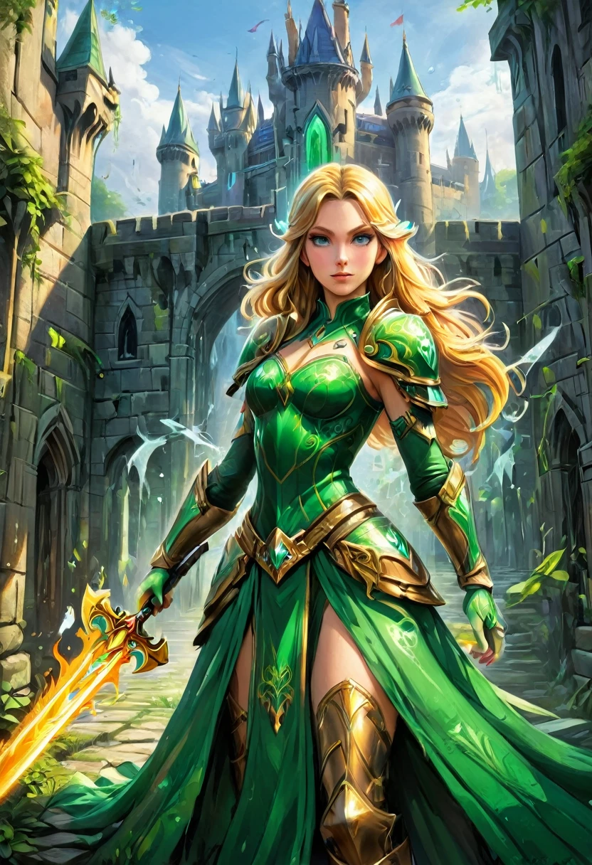 uma arte de pintura de graffiti na parede do castelo da Princesa Zelda na parede de um castelo, ,Princess Zelda (detalhes intensos, obra de arte, melhor qualidade: 1.5), usando um vestido verde intricado, delicado corvo de diamante, rosto ultra detalhado, ultra feminine, Pele clara, beleza requintada, cabelo dourado, cabelo longo, Cabelo ondulado, pequenas orelhas pontudas, cor dinâmica dos olhos, vestindo armadura pesada verde e branca, metal brilhante, Armado com Espada Élfica, ais-graffiti, estilo de arte chumbasket, arte do grafite, empunhando espada