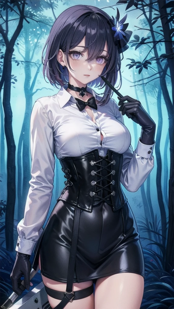 Masterpiece, Beautiful art, professional artist, 8k, Very detailed face, Detailed clothing, detailed fabric, 1 girl, Soul Fullness \(Honkai Impact 3rd\), front view, standing, BIG BREASTS, perfectly drawn body, shy expression, pale skin, beautiful face, short dark blue hair, 4k eyes, very detailed eyes, pink cheeks, choker:1.6, (white long sleeve button down shirt with white collar), black gloves, gloves that cover hands, (holds an ax with his right hand), (black leather corset), (shiny black tight mini skirt), Sensual Lips , winter night, show details in the eyes, looking at the viewer, dark forest, Atmosphere, fog, At night