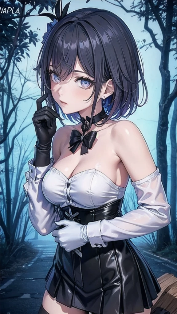 Masterpiece, Beautiful art, professional artist, 8k, Very detailed face, Detailed clothing, detailed fabric, 1 girl, Soul Fullness \(Honkai Impact 3rd\), front view, standing, BIG BREASTS, perfectly drawn body, shy expression, pale skin, beautiful face, short dark blue hair, 4k eyes, very detailed eyes, pink cheeks, choker:1.6, (white long sleeve button down shirt with white collar), black gloves, gloves that cover hands, (holds an ax with his right hand), (black leather corset), (shiny black tight mini skirt), Sensual Lips , winter night, show details in the eyes, looking at the viewer, dark forest, Atmosphere, fog, At night