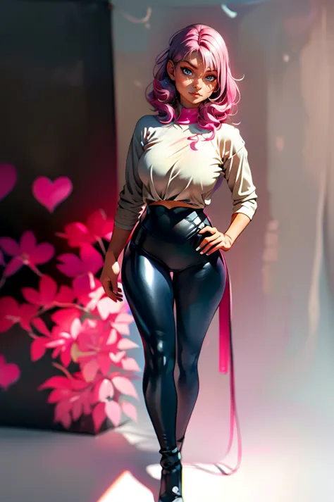masterpiece, high quality, pink hair, grey eyes, 1girl, HQl4t3xp4nts, standing,full body,tight pants, leather pants,  ((white ba...