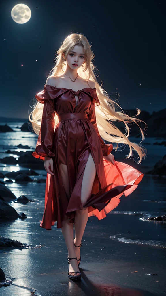 full hd 8k, Girl standing in front of a dark night scene, full moonlight reflecting on her beautiful face. Her long, silky hair was gently blown by the night wind, creating a gentle and romantic feeling. She is walking on a large beach. She looked up at the starry sky, as if searching for something, her eyes showing a pensive and lonely look. The full moon shines in the night sky creating a beautiful scene. The girl has long, strands of hair,  Light blonde hair, a luxurious and noble beauty. The moonlight shines on the girl's delicate face, highlighting her large, round light brown eyes, creating a natural, gentle beauty. She wore a mini red dress to create a sexy beauty. These images capture detailed panoramic portraits and views of the sky and sea. All create a beautiful, wonderful picture that makes people unable to take their eyes off the scene. All of these details are depicted clearly and sharply,