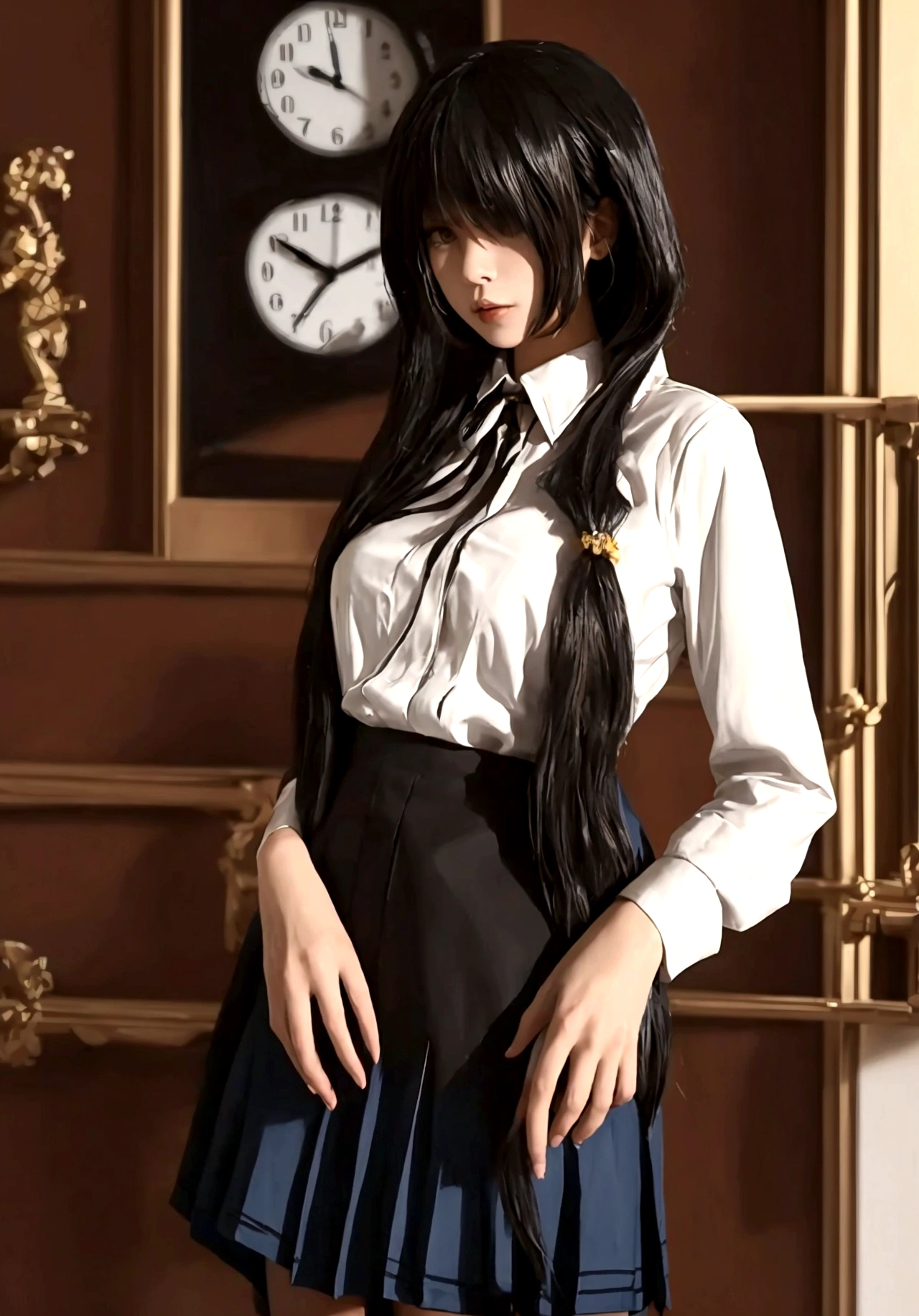 ultra-detailed,highly detailed,best quality,masterpiece,illustration, 
A woman is depicted in the image wearing a short skirt and a white shirt. She has long hair and is accessorized with a black tie. The woman is standing in what appears to be a room with a clock visible in the background. The primary colors in the image include shades of brown and beige with accents of black. The woman''s outfit gives off a professional yet stylish vibe. The image captures her in a close-up shot, focusing on her attire and overall appearance. The setting suggests a formal or business-like environment.