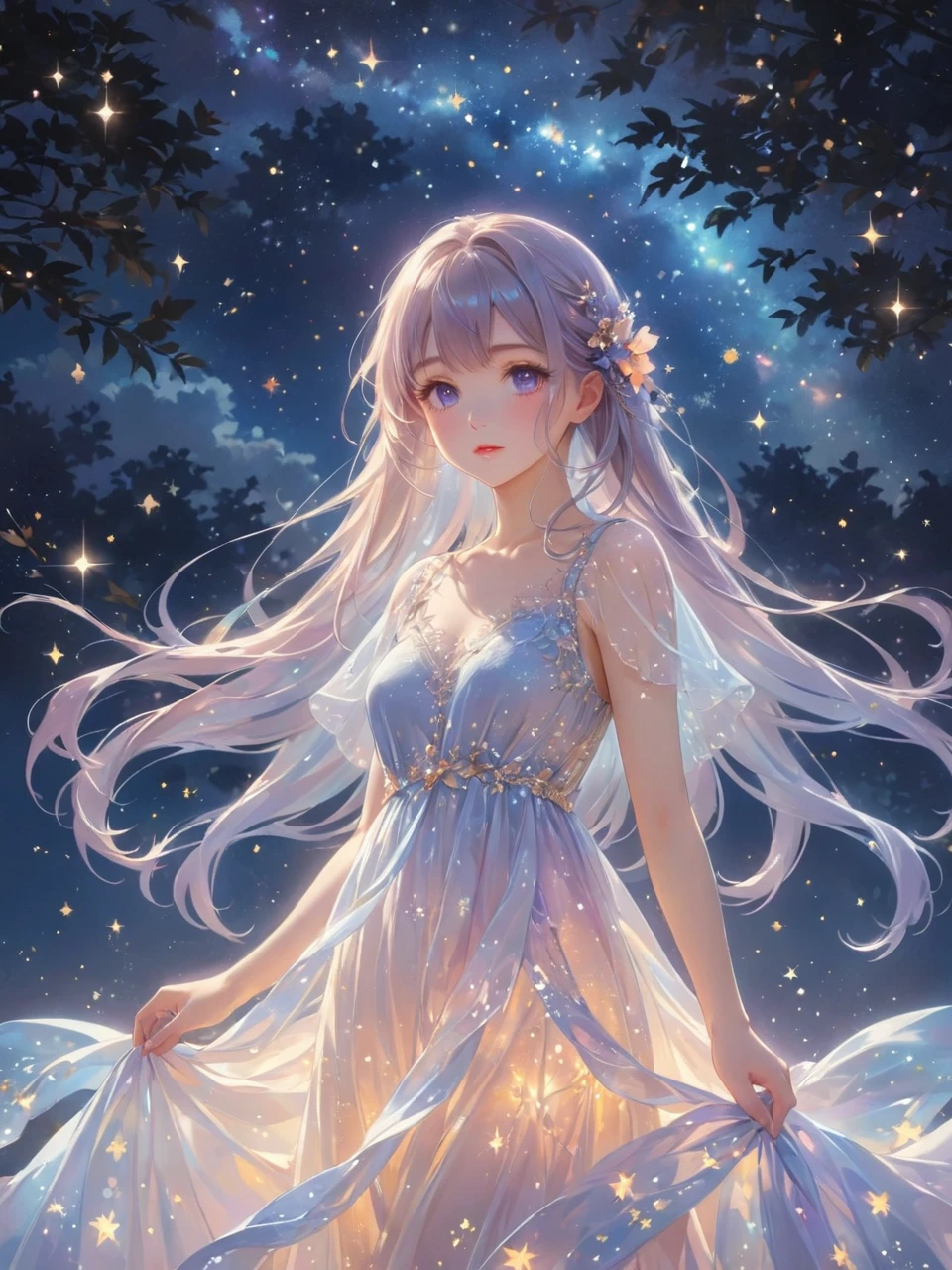 (best quality,4k,8k,highres,masterpiece:1.2),A girl standing alone under the starry night sky, with her silhouette illuminated by the soft moonlight and twinkling stars. Her face is beautifully detailed, with sparkling eyes, long and fluttering eyelashes, and exquisitely defined lips. She is dressed in an elegant gown, flowing and ethereal, embracing her figure gracefully as it glimmers with a subtle celestial glow. The intricate details of her dress catch the faint starlight, creating a mesmerizing sparkle. The surrounding landscape showcases a serene garden, lush with vibrant foliage and colorful flowers. The air is filled with a gentle breeze, causing the leaves to rustle and the flowers to sway delicately. The garden is bathed in a warm, dreamy color palette, with hues of deep blues, purples, and hints of silver. The atmosphere is calm and tranquil, evoking a sense of peace and serenity. The artwork is of the highest quality, meticulously created with ultra-detailed brushstrokes and precise attention to every element. The texture and depth of the painting are breathtaking, with a sense of realism and photorealism that captures the awe-inspiring beauty of the night sky. The lighting is soft and diffused, casting a gentle glow over the entire scene, enhancing the magical ambiance. The girl's presence radiates a sense of mystery and wonder, as if she holds a secret connected to the celestial beings above. The overall composition evokes a feeling of timelessness and captures the essence of a StarSign, an artwork that embodies the celestial beauty and inner strength of a girl in harmony with the stars. (ai-generated:.25),(dsmile:.25)