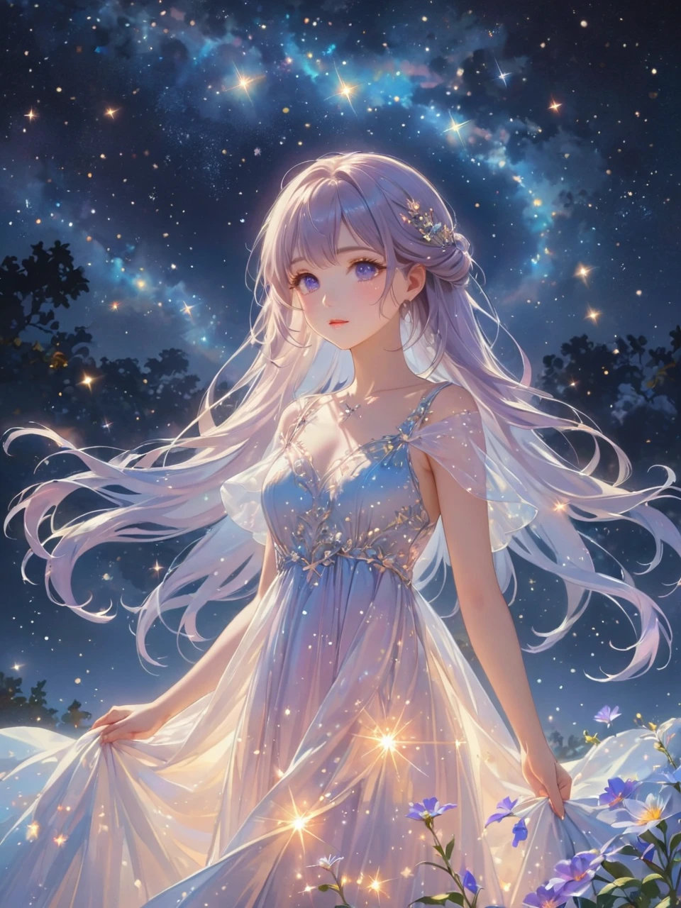 (best quality,4k,8k,highres,masterpiece:1.2),A girl standing alone under the starry night sky, with her silhouette illuminated by the soft moonlight and twinkling stars. Her face is beautifully detailed, with sparkling eyes, long and fluttering eyelashes, and exquisitely defined lips. She is dressed in an elegant gown, flowing and ethereal, embracing her figure gracefully as it glimmers with a subtle celestial glow. The intricate details of her dress catch the faint starlight, creating a mesmerizing sparkle. The surrounding landscape showcases a serene garden, lush with vibrant foliage and colorful flowers. The air is filled with a gentle breeze, causing the leaves to rustle and the flowers to sway delicately. The garden is bathed in a warm, dreamy color palette, with hues of deep blues, purples, and hints of silver. The atmosphere is calm and tranquil, evoking a sense of peace and serenity. The artwork is of the highest quality, meticulously created with ultra-detailed brushstrokes and precise attention to every element. The texture and depth of the painting are breathtaking, with a sense of realism and photorealism that captures the awe-inspiring beauty of the night sky. The lighting is soft and diffused, casting a gentle glow over the entire scene, enhancing the magical ambiance. The girl's presence radiates a sense of mystery and wonder, as if she holds a secret connected to the celestial beings above. The overall composition evokes a feeling of timelessness and captures the essence of a StarSign, an artwork that embodies the celestial beauty and inner strength of a girl in harmony with the stars. (ai-generated:.25),(dsmile:.25)