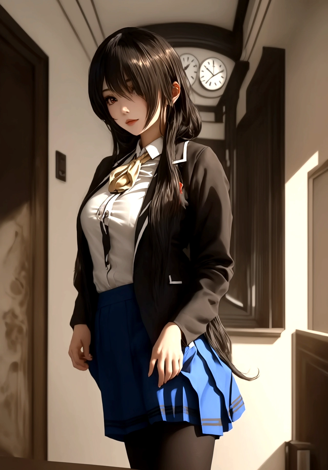 ultra-detailed,highly detailed,best quality,masterpiece,illustration, 
A woman is depicted in the image wearing a short skirt and a white shirt. She has long hair and is accessorized with a black tie. The woman is standing in what appears to be a room with a clock visible in the background. The primary colors in the image include shades of brown and beige with accents of black. The woman''s outfit gives off a professional yet stylish vibe. The image captures her in a close-up shot, focusing on her attire and overall appearance. The setting suggests a formal or business-like environment.