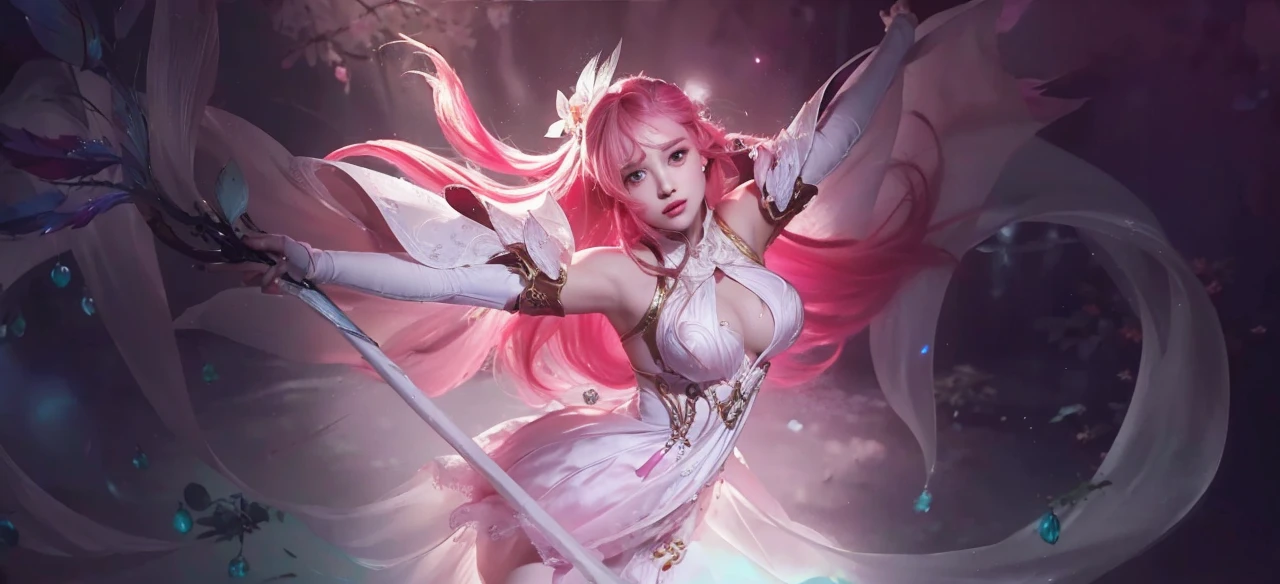 a girl with pink long hair,beautiful detailed eyes,beautiful detailed lips,extremely detailed face,longeyelashes,wearing a white pink dress,carrying a magic wand,(best quality,4k,8k,highres,masterpiece:1.2),ultra-detailed,(realistic,photorealistic,photo-realistic:1.37),cinematic lighting,intricate details,ethereal,radiant,glowing,dreamlike,fantasy,magical