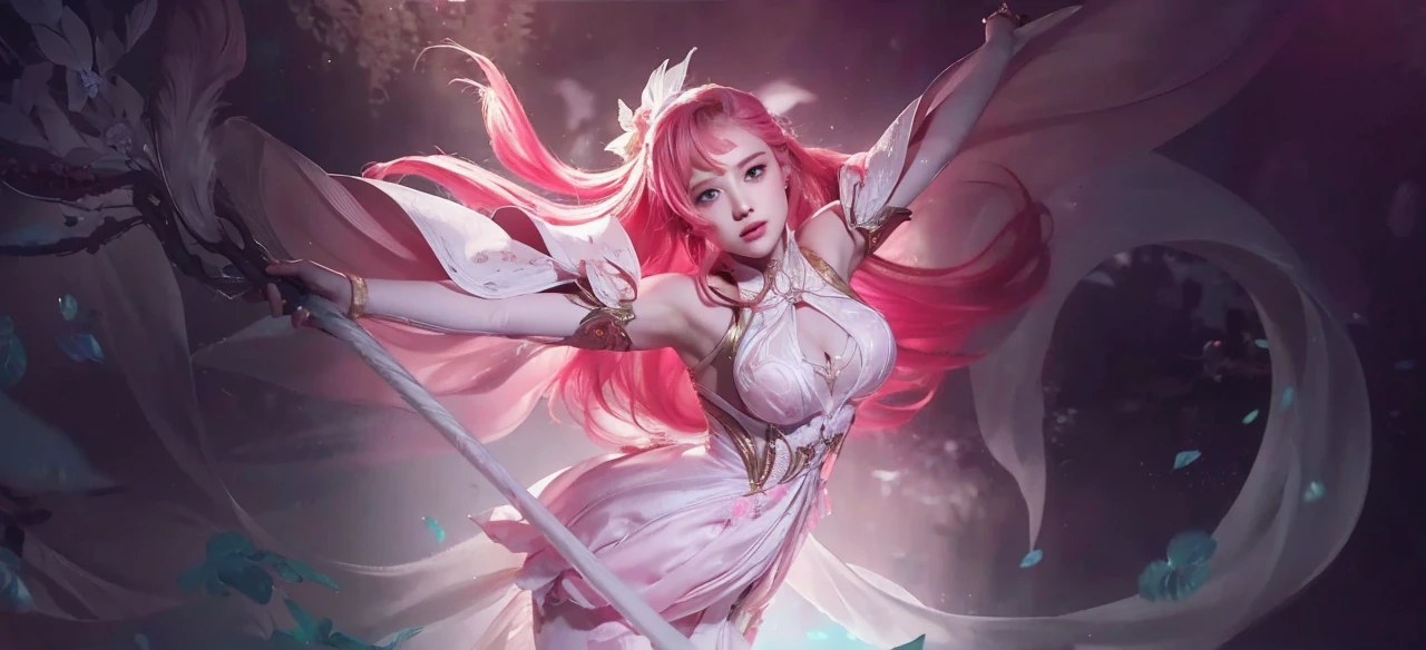 a girl with pink long hair,beautiful detailed eyes,beautiful detailed lips,extremely detailed face,longeyelashes,wearing a white pink dress,carrying a magic wand,(best quality,4k,8k,highres,masterpiece:1.2),ultra-detailed,(realistic,photorealistic,photo-realistic:1.37),cinematic lighting,intricate details,ethereal,radiant,glowing,dreamlike,fantasy,magical