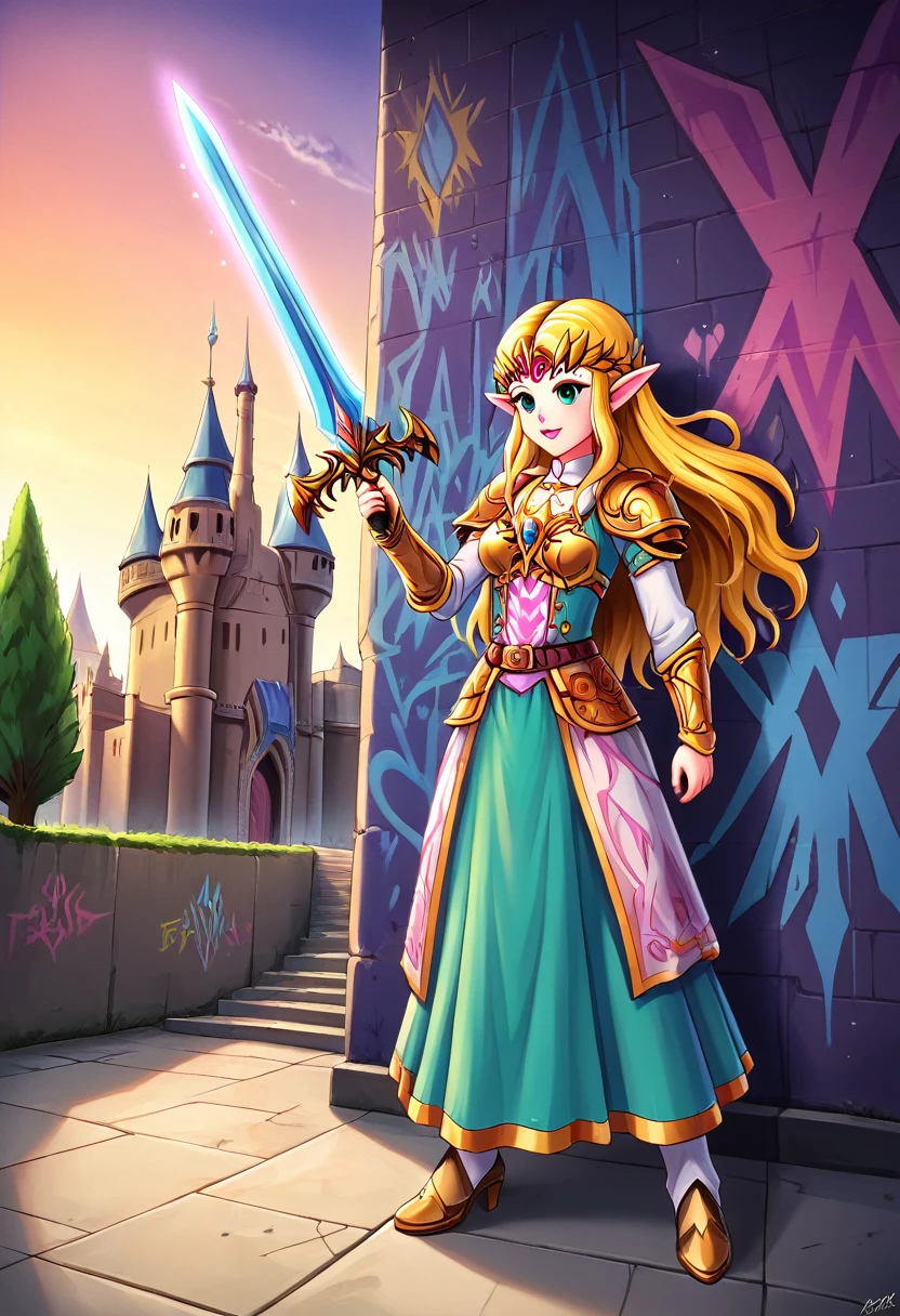 uma arte de pintura de graffiti na parede do castelo da Princesa Zelda na parede de um castelo, ,Princess Zelda (detalhes intensos, obra de arte, melhor qualidade: 1.5), usando um vestido verde intricado, delicado corvo de diamante, rosto ultra detalhado, ultra feminine, Pele clara, beleza requintada, cabelo dourado, cabelo longo, Cabelo ondulado, pequenas orelhas pontudas, cor dinâmica dos olhos, vestindo armadura pesada verde e branca, metal brilhante, Armado com Espada Élfica, ais-graffiti, estilo de arte chumbasket, arte do grafite, empunhando espada