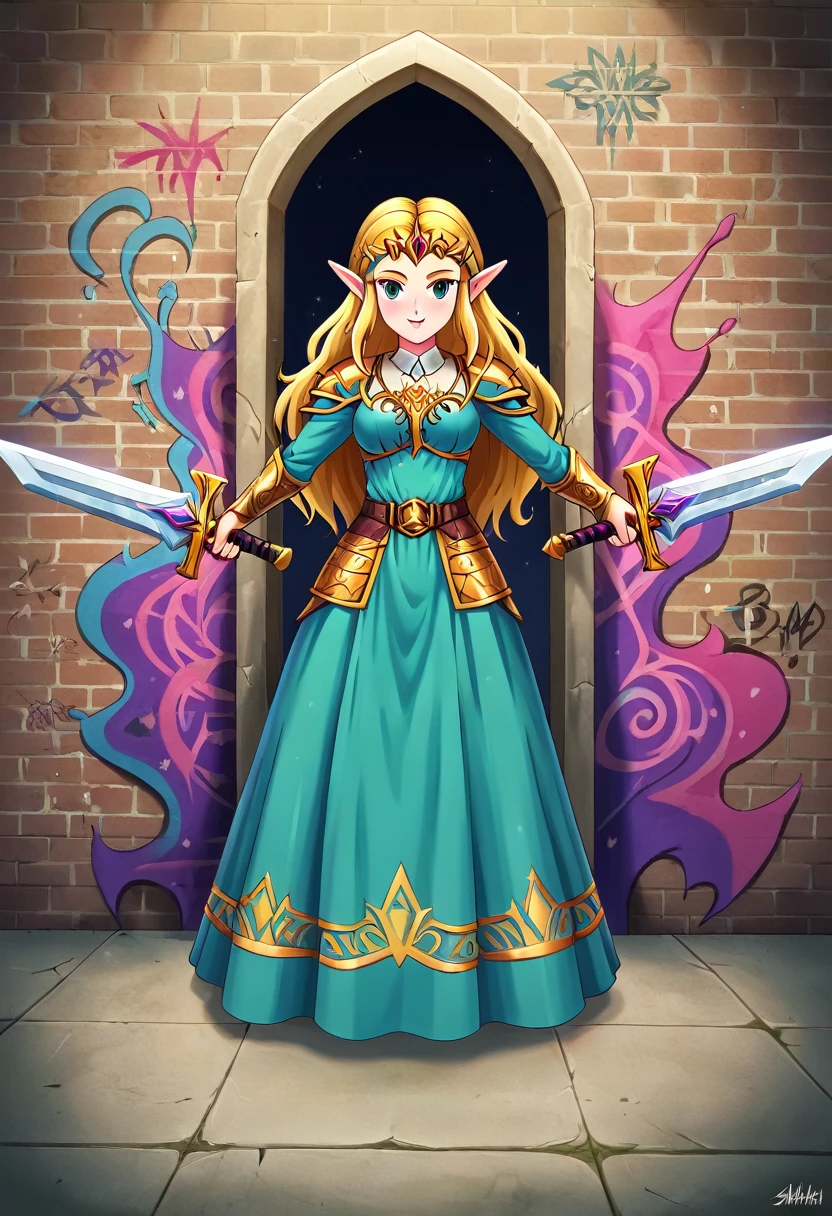 uma arte de pintura de graffiti na parede do castelo da Princesa Zelda na parede de um castelo, ,Princess Zelda (detalhes intensos, obra de arte, melhor qualidade: 1.5), usando um vestido verde intricado, delicado corvo de diamante, rosto ultra detalhado, ultra feminine, Pele clara, beleza requintada, cabelo dourado, cabelo longo, Cabelo ondulado, pequenas orelhas pontudas, cor dinâmica dos olhos, vestindo armadura pesada verde e branca, metal brilhante, Armado com Espada Élfica, ais-graffiti, estilo de arte chumbasket, arte do grafite, empunhando espada