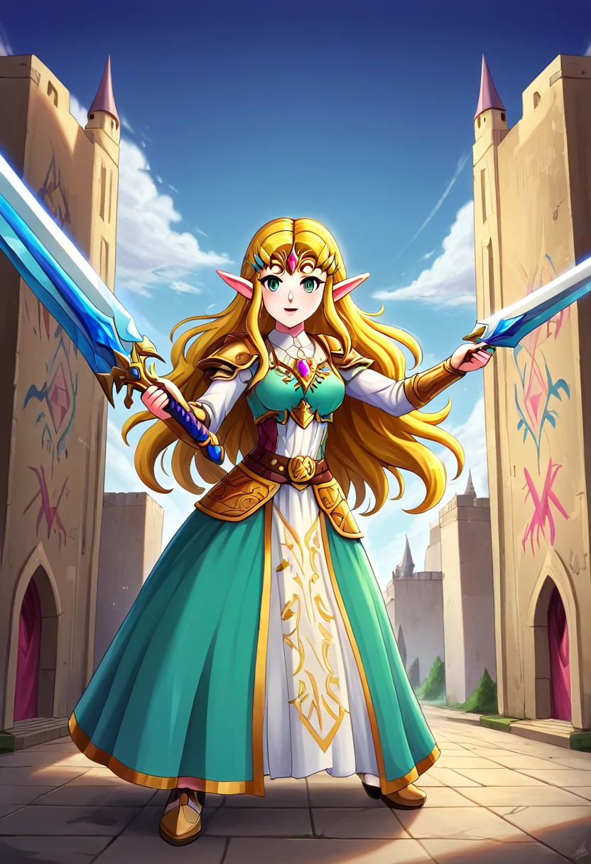 uma arte de pintura de graffiti na parede do castelo da Princesa Zelda na parede de um castelo, ,Princess Zelda (detalhes intensos, obra de arte, melhor qualidade: 1.5), usando um vestido verde intricado, delicado corvo de diamante, rosto ultra detalhado, ultra feminine, Pele clara, beleza requintada, cabelo dourado, cabelo longo, Cabelo ondulado, pequenas orelhas pontudas, cor dinâmica dos olhos, vestindo armadura pesada verde e branca, metal brilhante, Armado com Espada Élfica, ais-graffiti, estilo de arte chumbasket, arte do grafite, empunhando espada