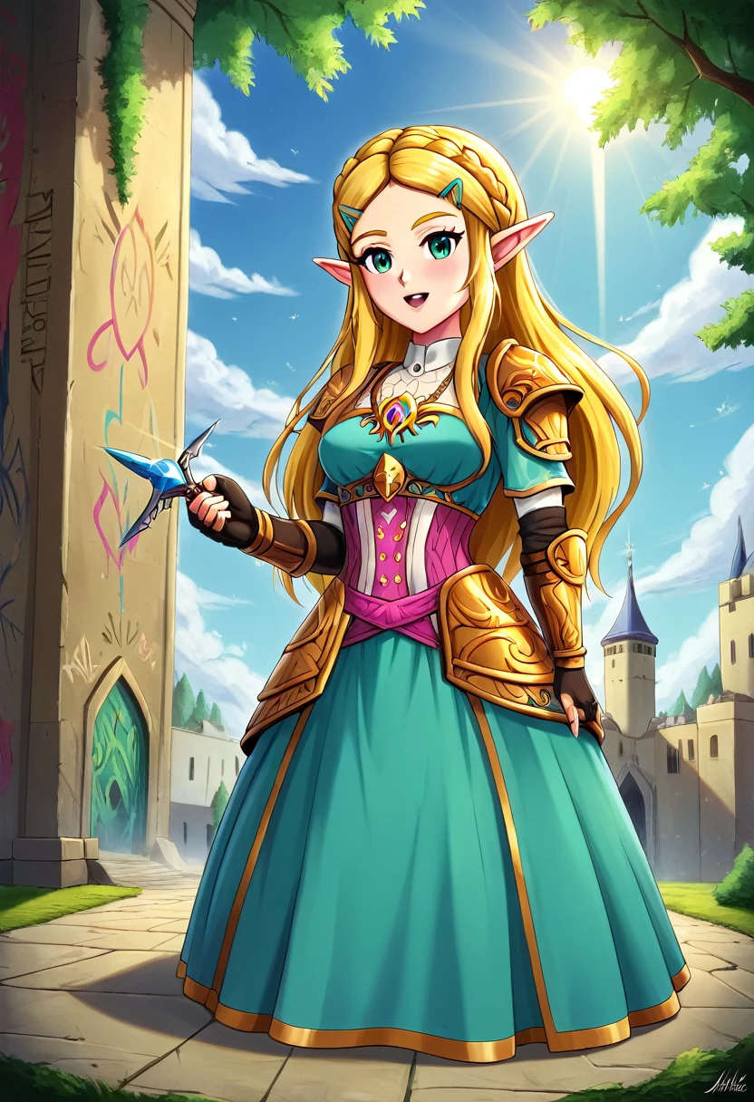 uma arte de pintura de graffiti na parede do castelo da Princesa Zelda na parede de um castelo, ,Princess Zelda (detalhes intensos, obra de arte, melhor qualidade: 1.5), usando um vestido verde intricado, delicado corvo de diamante, rosto ultra detalhado, ultra feminine, Pele clara, beleza requintada, cabelo dourado, cabelo longo, Cabelo ondulado, pequenas orelhas pontudas, cor dinâmica dos olhos, vestindo armadura pesada verde e branca, metal brilhante, Armado com Espada Élfica, ais-graffiti, estilo de arte chumbasket, arte do grafite, empunhando espada