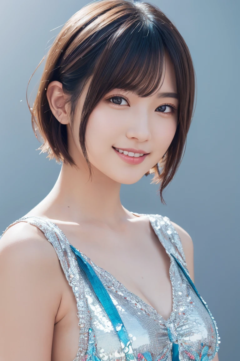 1 Girl, (Wearing colorful stage costumes:1.2), Very beautiful Japanese idol portraits, Face close-up, (RAW Photos, Highest quality), (Realistic, Realistic:1.4), (masterpiece), Very delicate and beautiful, Very detailed, 2k wallpaper, wonderful, finely, Very detailed CG Unity 8K wallpaper, Very detailed, High resolution, Soft Light, Beautiful detailed girl, Very detailed目と顔, Beautiful and sophisticated nose, Beautiful and beautiful eyes, Cinema Lighting, (Simple light color background:1.3), (short hair), (Bob), Complete Anatomy, Slender body, Small breasts, smile、In town